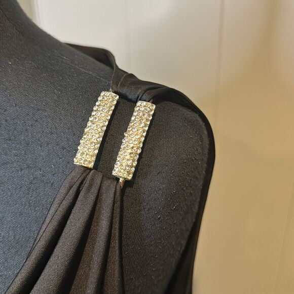 Calvin Klein black ruched draped neck sparkle rhinestone shoulder bar sheath. 8 - Picture 3 of 8